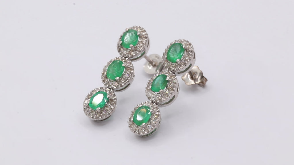 Natural Oval Cut Emerald With Diamond Designer Dangle Earrings In 18k Gold