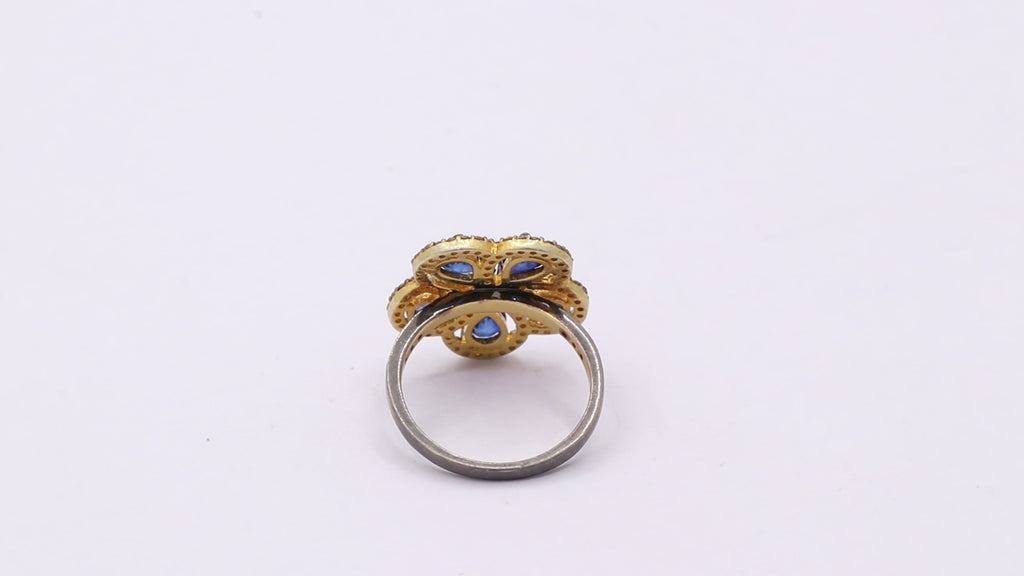 Flower Shaped Natural Blue Sapphire And Diamond 925 Sterling Silver Gold Plated Ring