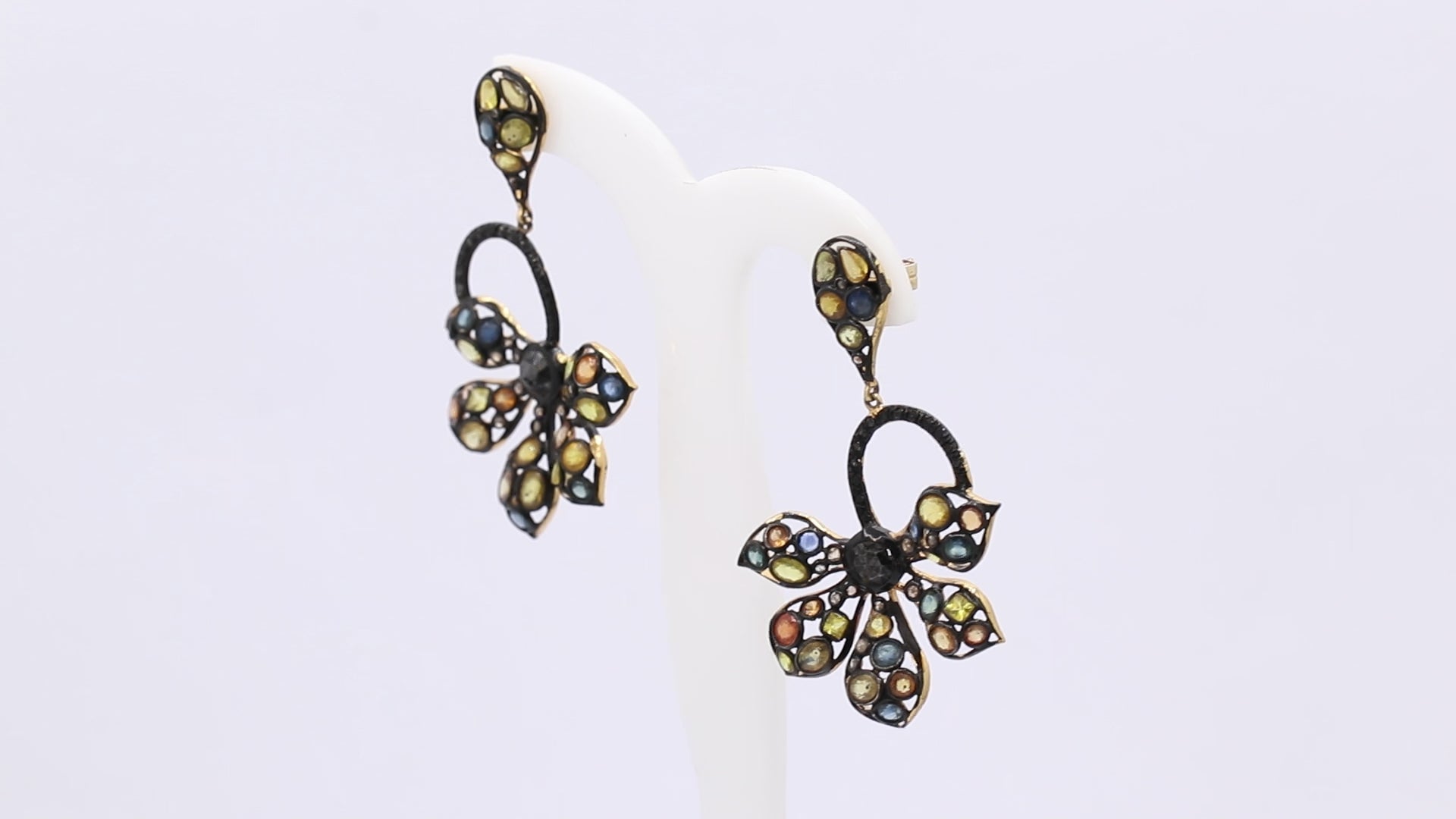 Multi Sapphire And Black Diamond 925 Sterling Silver Gold Plated Flower Earring
