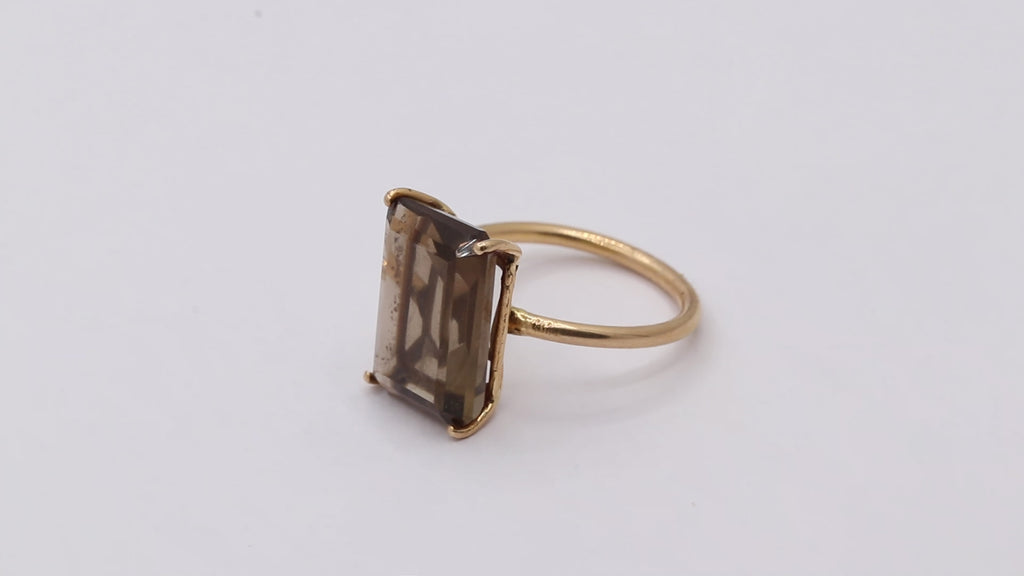 Natural Smoky Quartz Rectangle Cut Gemstone 14k Gold Ring