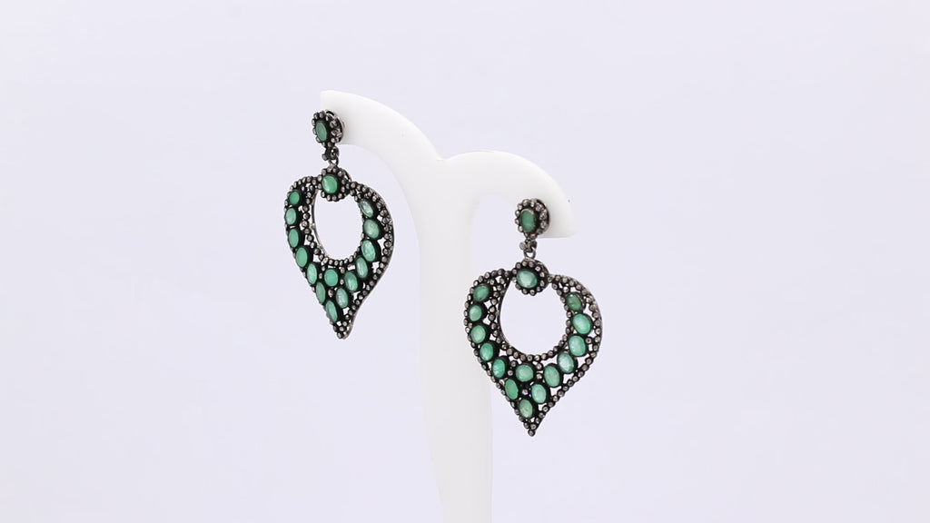 925 Sterling Silver Natural Emerald And Diamond Drop Earrings