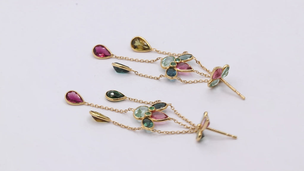 Handmade 18k Gold Natural Multi Tourmaline Gemstone Drop Earrings