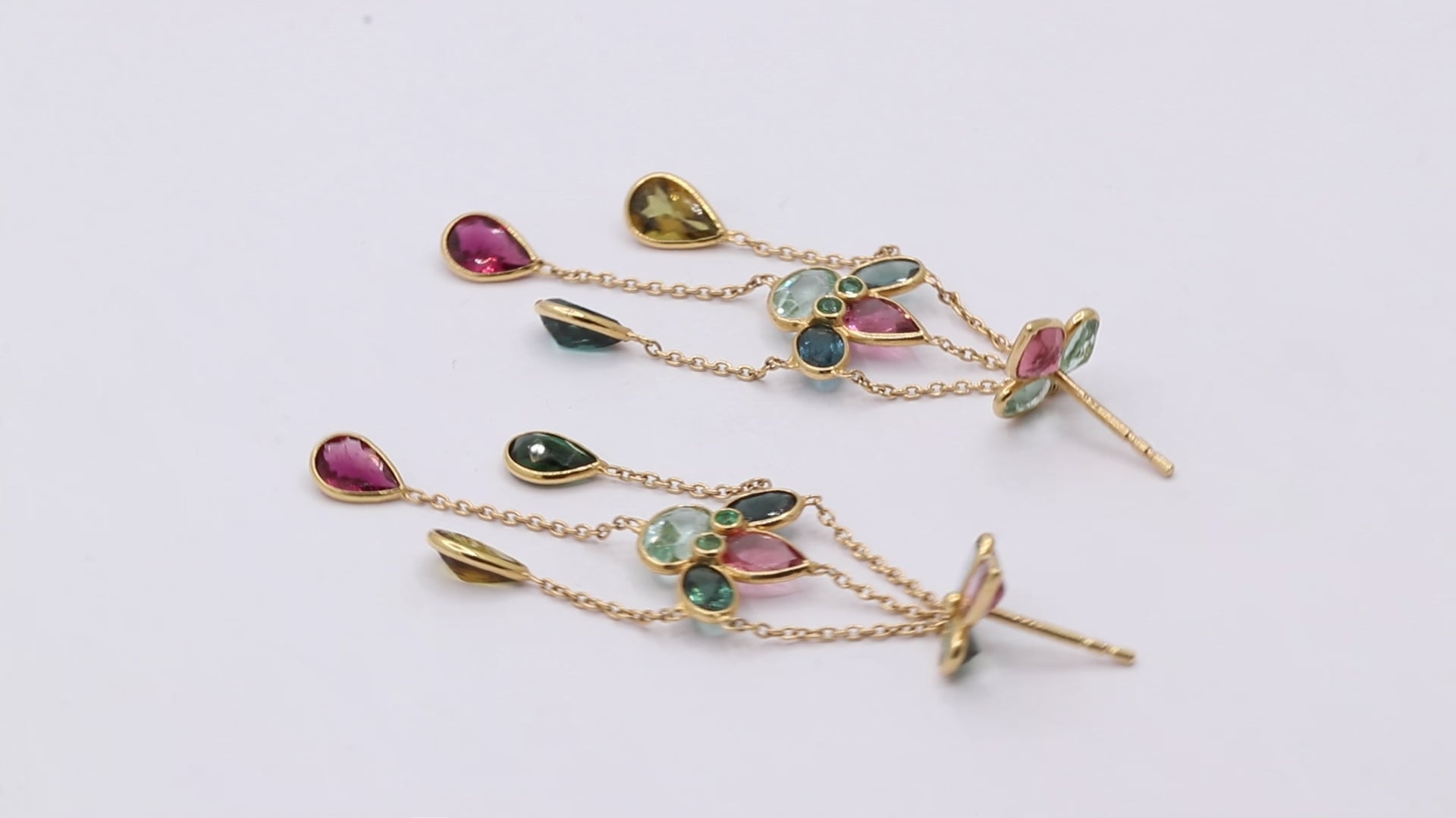 Handmade 18k Gold Natural Multi Tourmaline Gemstone Drop Earrings