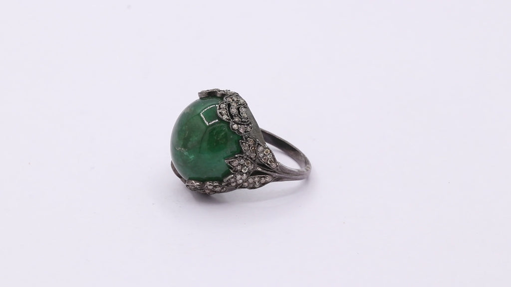 Designer Natural Emerald & Diamond 925 Sterling Silver Black Rhodium Ring