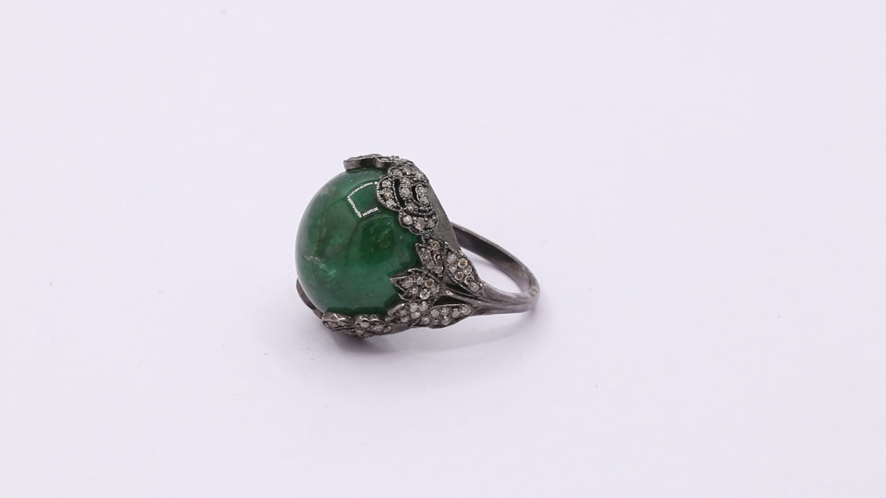 Designer Natural Emerald & Diamond 925 Sterling Silver Black Rhodium Ring