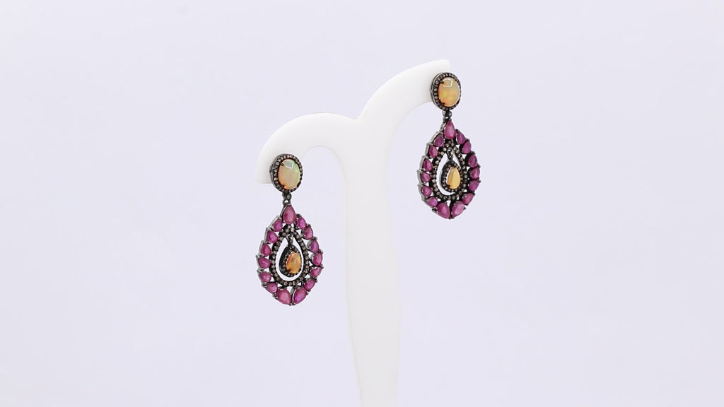 Natural Ruby, Opal And Diamond 925 Sterling Silver Drop Earring