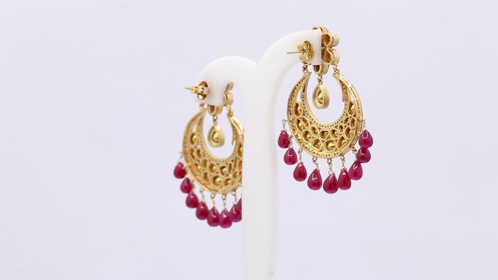 Natural Ruby With Polki Diamond 925 Sterling Silver Gold Plated Earring