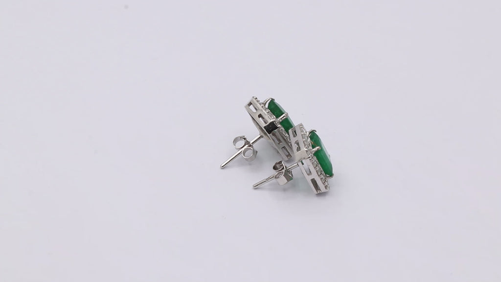 Natural Emerald And Diamond Stud Earrings In 18k White Gold
