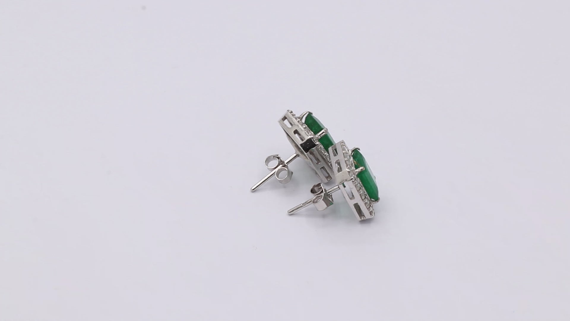 Natural Emerald And Diamond Stud Earrings In 18k White Gold
