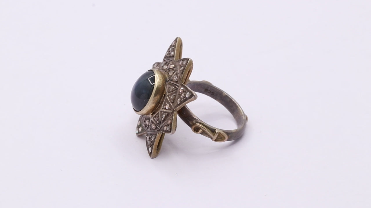 Star Natural Blue Sapphire With Diamond 925 Sterling Silver Black Rhodium Ring