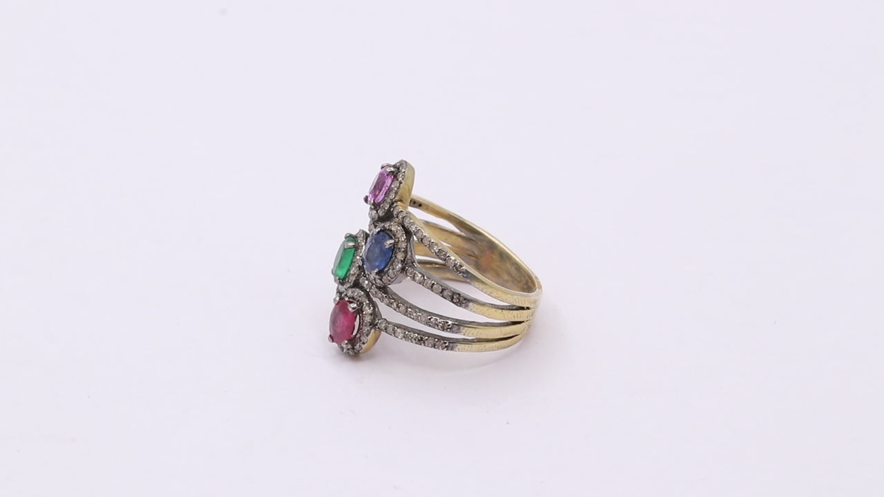 Pink & Blue Sapphire, Ruby, Emerald & Diamond Ring 925 Sterling Silver Gold Plated Ring