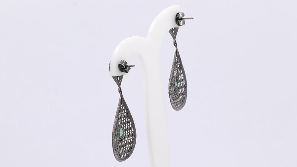 Natural Emerald And Diamond 925 Sterling Silver Drop Earring