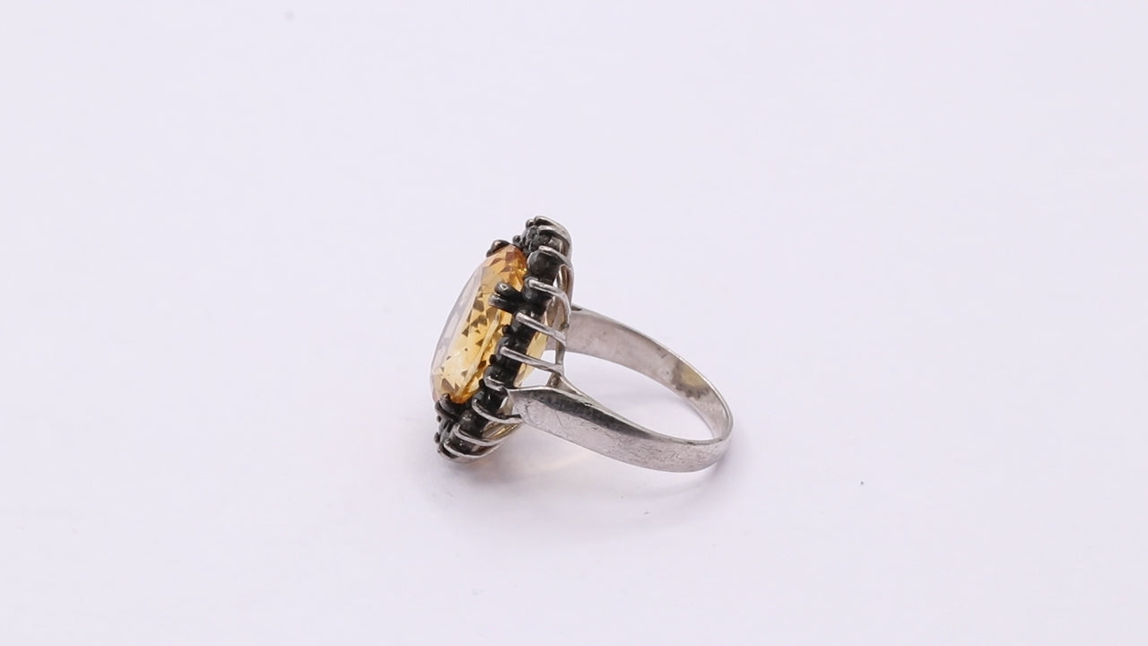 Beautiful Natural Citrine With Black Diamond 925 Sterling Silver Ring