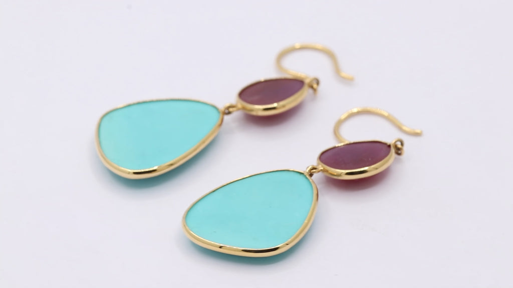 18k Yellow Gold Turquoise And Natural Ruby Gemstone Drop Dangle Earring
