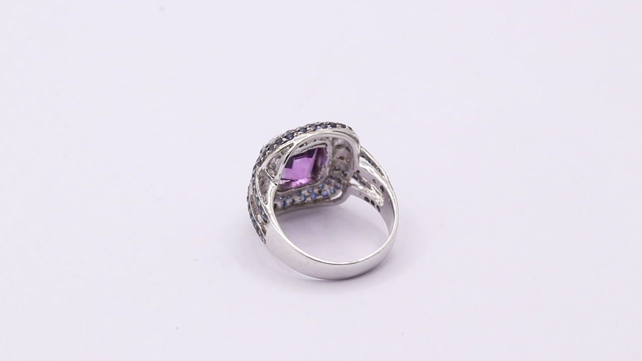 Gorgeous Natural Amethyst, Sapphire And Diamond 925 Sterling Silver Ring