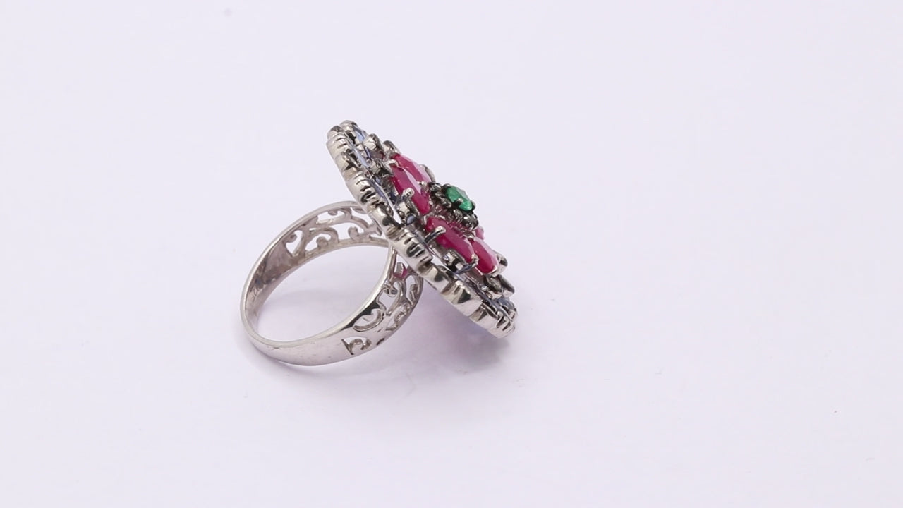 Floral Shaped Natural Ruby, Emerald, Sapphire, Diamond 925 Sterling Silver Gold Plated Ring