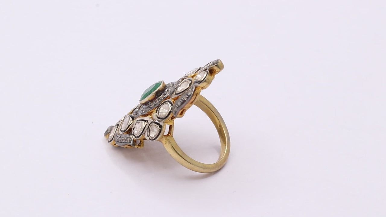 Natural Emerald And Polki Diamond 925 Sterling Silver Gold Plated Ring