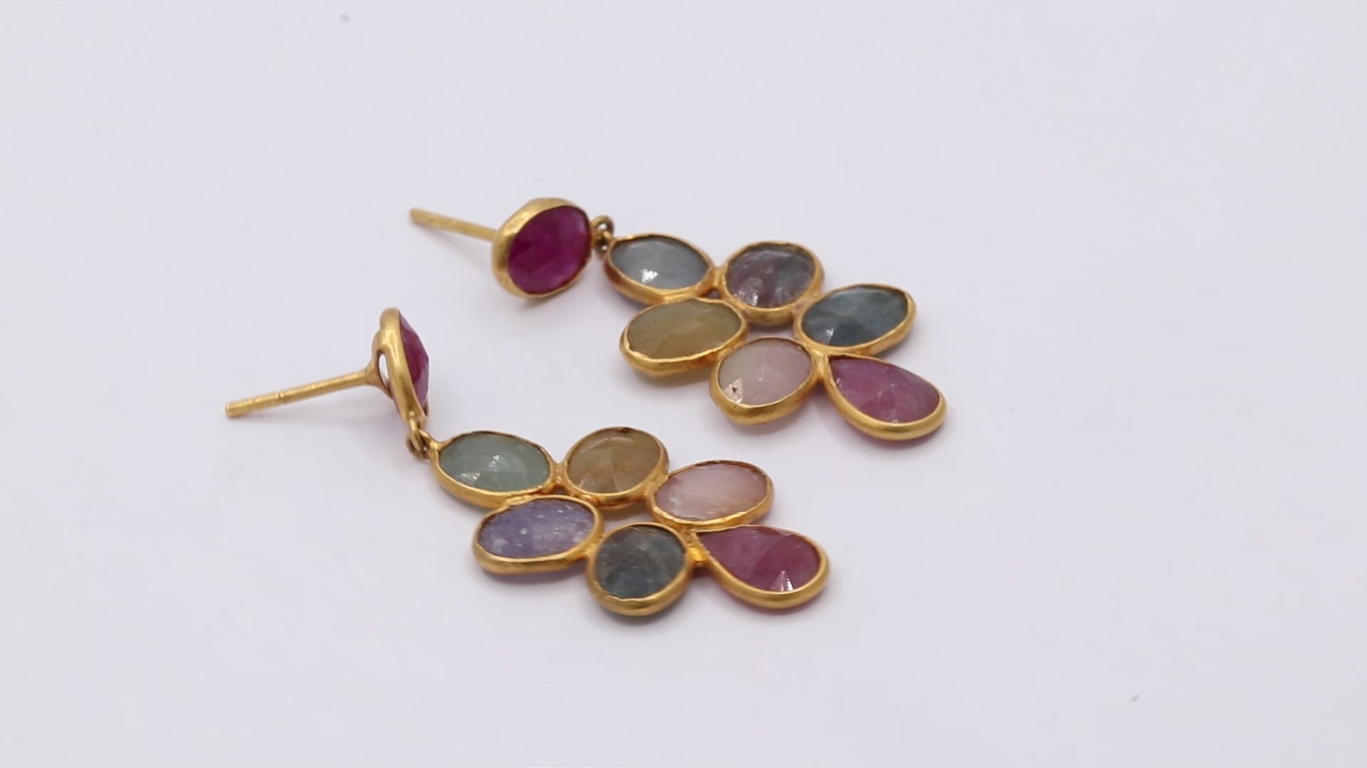 Natural Ruby And Multi Sapphire Gemstone Drop Earring In 14k Gold