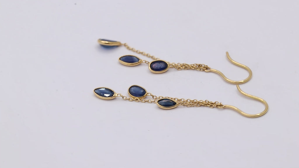 18k Yellow Gold Precious Blue Sapphire Gemstone Drop Earring