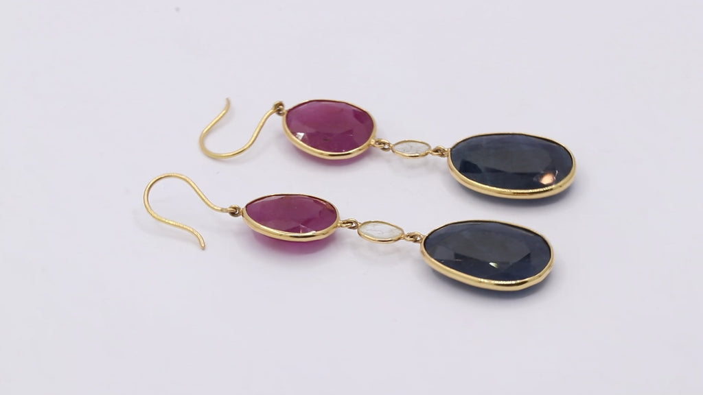 Natural Blue Sapphire, Ruby And Crystal Gemstone Drop Earring In 18k Gold
