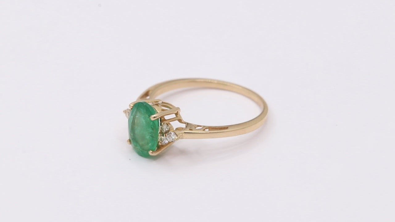 14k Yellow Gold Precious Oval Cut Emerald With Diamond Ring