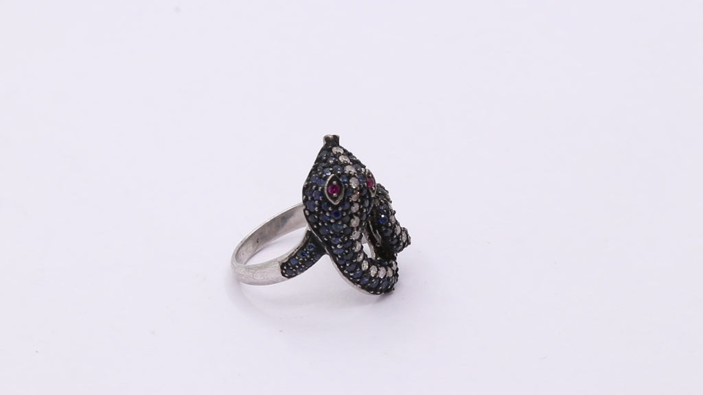 Snake Design Natural Blue Sapphire, Ruby & Diamond 925 Sterling Silver Ring