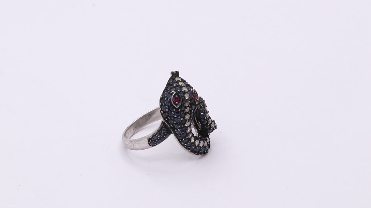 Snake Design Natural Blue Sapphire, Ruby & Diamond 925 Sterling Silver Ring