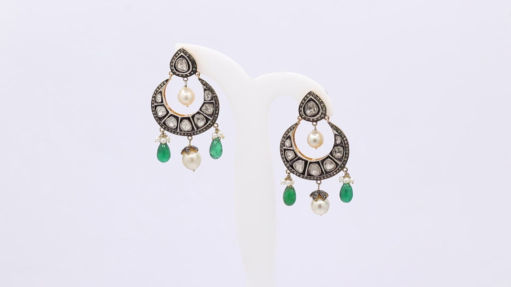 Natural Emerald, Pearl And Polki Diamond 925 Sterling Silver Drop Earrings