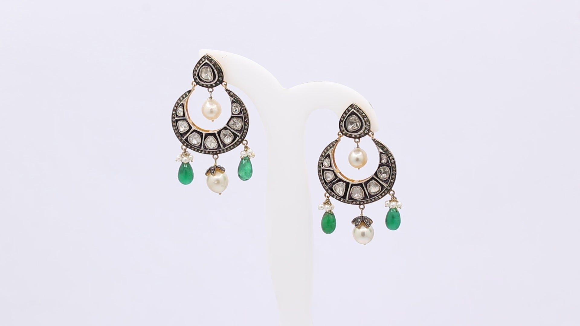 Natural Emerald, Pearl And Polki Diamond 925 Sterling Silver Drop Earrings