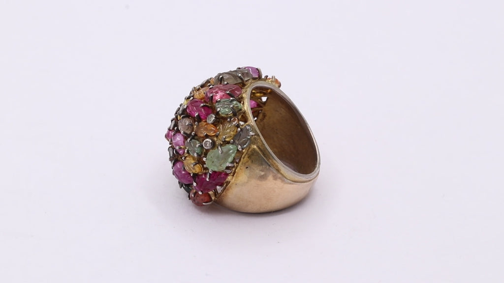 Beautiful Leaf Design Multi Tourmaline And Diamond 925 Sterling Silver Gold Plated Ring