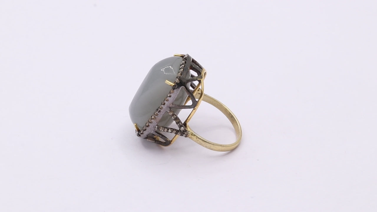 Natural Chalcedony With Diamond 925 Silver Gold Plated Ring