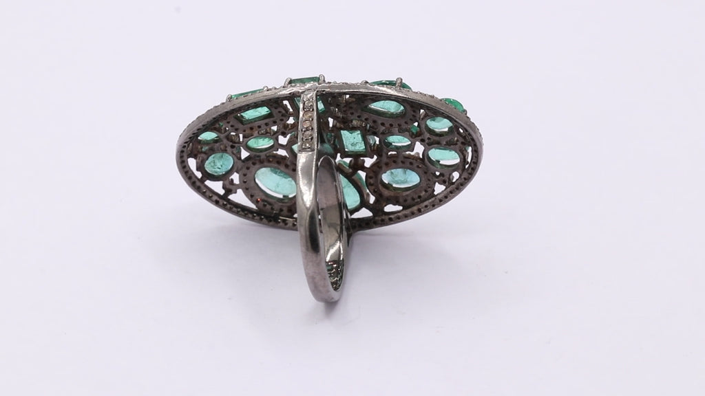 Natural Emerald And Diamond 925 Sterling Silver Black Rhodium Ring