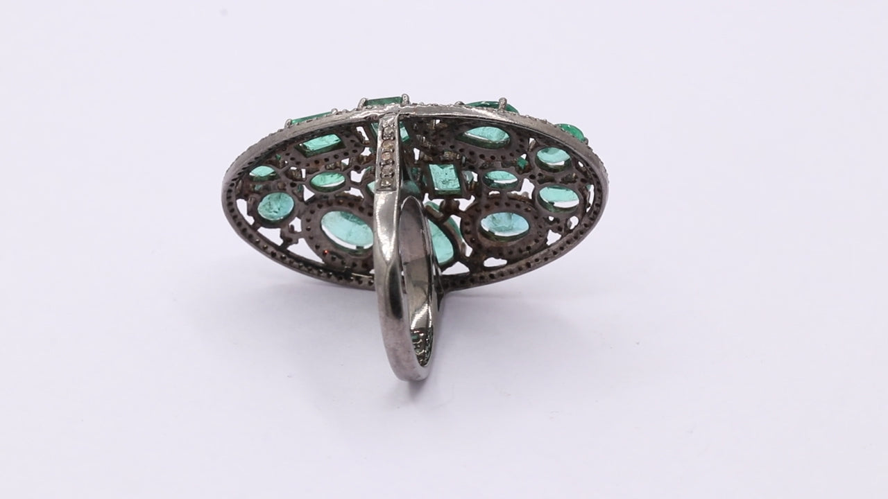 Natural Emerald And Diamond 925 Sterling Silver Black Rhodium Ring