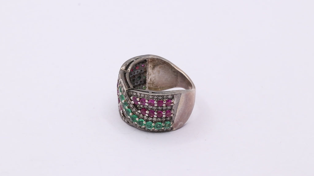 925 Sterling Silver Natural Ruby, Emerald And Genuine Diamond Band Ring
