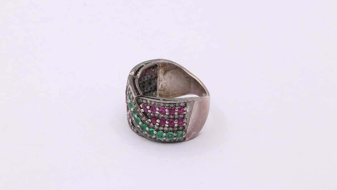 925 Sterling Silver Natural Ruby, Emerald And Genuine Diamond Band Ring